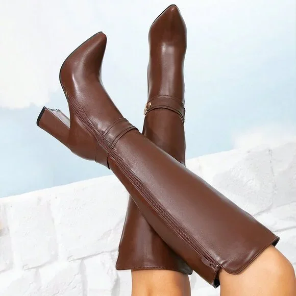 Brown Sexy Pointed Toe Chunky Heel Women's Dress Boots - Picture 6 of 7